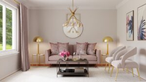A bright living room with a sofa, two chairs, a coffee table, and an area rug arranged for easy conversation.