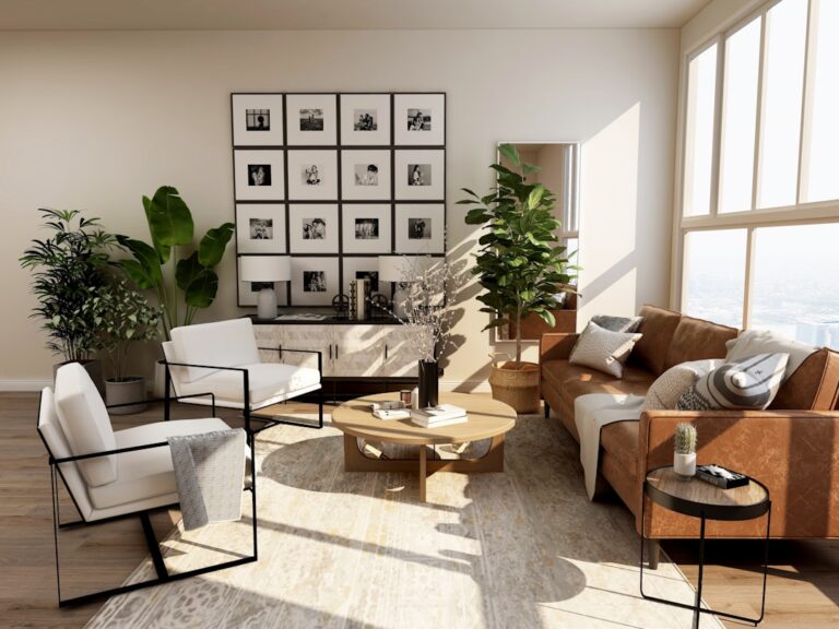 Sunlit living room with light furniture, woven textures, and soft blue accents reflecting a calm, coastal-inspired design.