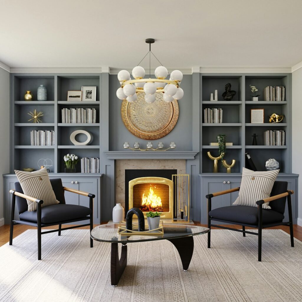 A sunlit living room featuring a modern sofa, antique coffee table, and coastal artwork on the walls.