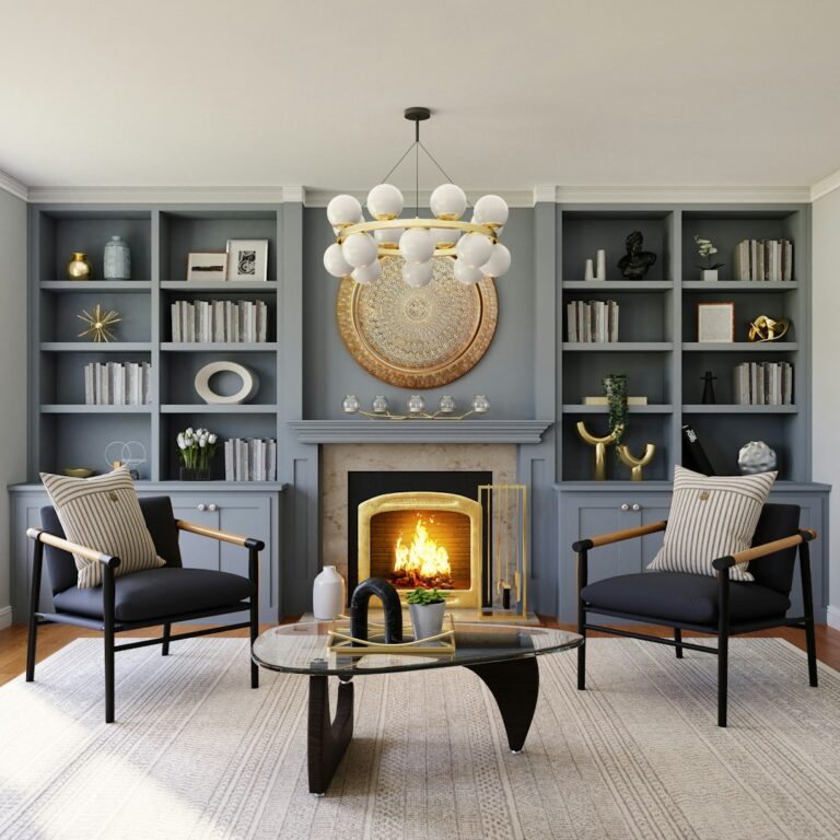 A sunlit living room featuring a modern sofa, antique coffee table, and coastal artwork on the walls.