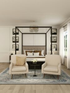 Softly lit bedroom with layered bedding, woven textures, bedside lamps, and filtered sunlight through curtains.